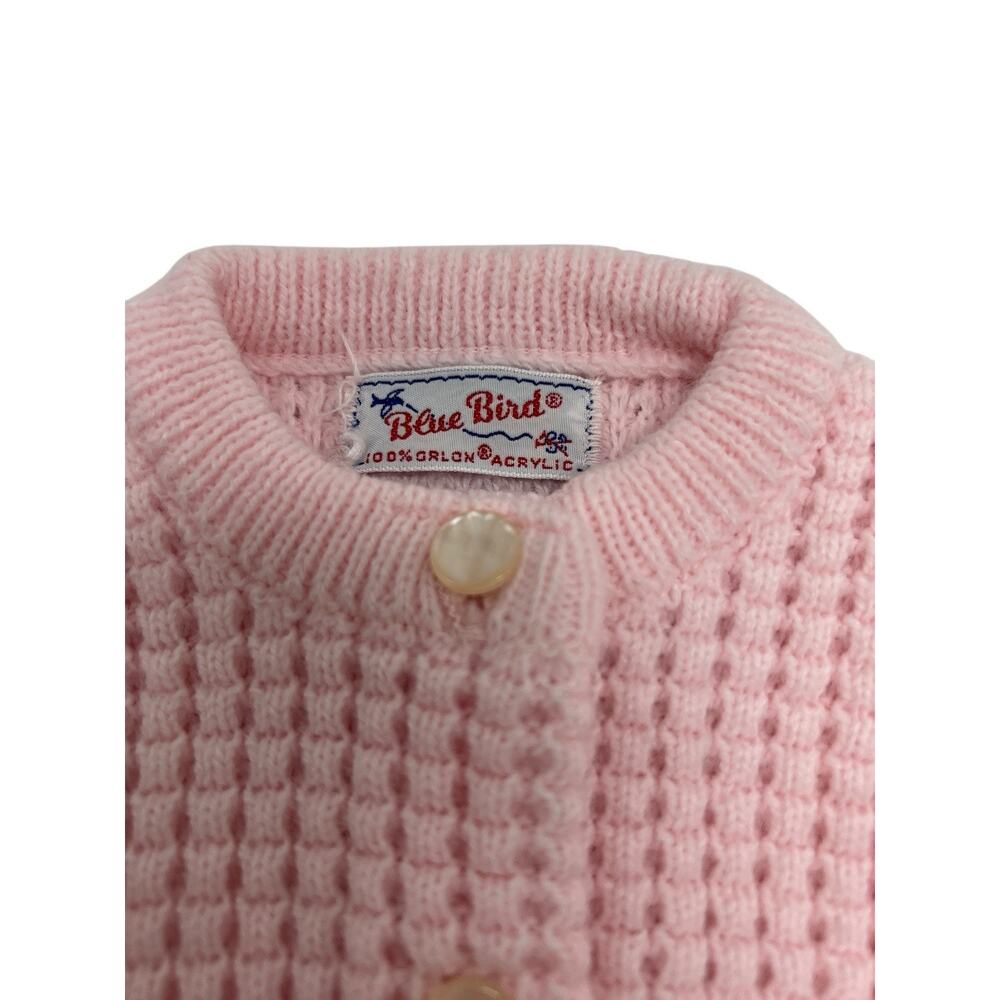 Vtg BLUE BIRD Baby Cardigan Sweater Sz 3-6M Waffle Knit Pearl Button Cottage USA - Picture 4 of 9